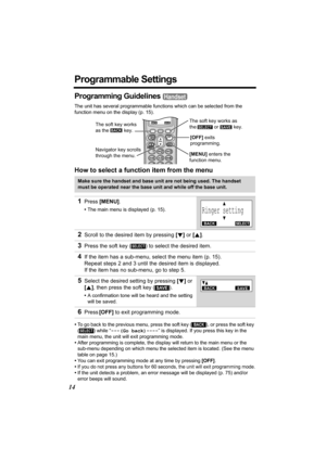 Page 1414
Programmable Settings
Programming Guidelines 
The unit has several programmable functions which can be selected from the 
function menu on the display (p. 15).
How to select a function item from the menu
•To go back to the previous menu, press the soft key ( ), or press the soft key 
( ) while “---(Go back)----” is displayed. If you press this key in the 
main menu, the unit will exit programming mode.
•After programming is complete, the display will return to the main menu or the 
sub-menu depending...