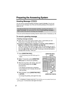 Page 2222
Preparing the Answering System
Greeting Message 
You can record a personal greeting message of up to 2 minutes. If you do not 
record your own message, one of two pre-recorded greetings will be played for 
callers (p. 23).
•You can use the enhanced recording mode for clearer sound, if necessary (p. 26).
To record a greeting message
•If “ ” is displayed, 6 beeps sound and “Your greeting was not recorded. Record your 
greeting again.” is announced, start again from step 1.
The total recording time of...