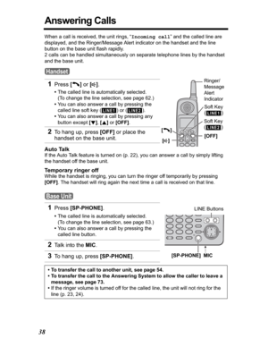 Page 3838
Answering Calls
When a call is received, the unit rings, “Incoming call” and the called line are 
displayed, and the Ringer/Message Alert indicator on the handset and the line 
button on the base unit flash rapidly. 
2 calls can be handled simultaneously on separate telephone lines by the handset 
and the base unit.
Auto Talk
If the Auto Talk feature is turned on (p. 22), you can answer a call by simply lifting 
the handset off the base unit.
Temporary ringer off
While the handset is ringing, you can...