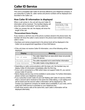 Page 4040
Caller ID Service
This unit is compatible with Caller ID services offered by your telephone company. If 
you subscribe to Caller ID, caller names and phone numbers will be displayed and 
recorded in the Caller List.
How Caller ID information is displayed
When a call comes in, the unit will ring and Caller ID 
information will be received. The handset display will 
show the caller’s information
* and the called line.
•After you answer the call, the display will show the 
length of the call....