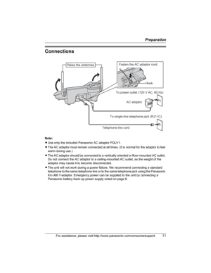 Page 11Preparation
For assistance, please visit http://www.panasonic.com/consumersupport11
Connections
Note:
LUse only the included Panasonic AC adaptor PQLV1.
LThe AC adaptor must remain connected at all times. (It is normal for the adaptor to feel 
warm during use.)
LThe AC adaptor should be connected to a vertically oriented or floor-mounted AC outlet. 
Do not connect the AC adaptor to a ceiling-mounted AC outlet, as the weight of the 
adaptor may cause it to become disconnected.
LThe unit will not work...