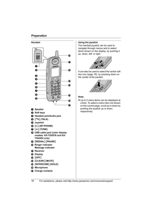 Page 16Preparation
16For assistance, please visit http://www.panasonic.com/consumersupport
Handset
ASpeaker
BSoft keys
CHeadset jack/Audio jack
D{C} (TALK)
EJoystick
F{s} (SP-PHONE)
G{*} (TONE)
HUSB cable jack (color display 
models: KX-TG5576 and KX-
TGA552 only)
I{REDIAL} {PAUSE}
JRinger indicator
Message indicator
KReceiver
LDisplay
M{OFF}
N{CLEAR} {MUTE}
O{INTERCOM} {HOLD}
PMicrophone
QCharge contactsUsing the joystick
The handset joystick can be used to 
navigate through menus and to select 
items shown on...