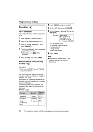 Page 52Programmable Settings
52For assistance, please visit http://www.panasonic.com/consumersupport
Function M
Voice enhancer
You can turn the voice enhancer feature on 
or off.
1Press {MENU} (center of joystick).
2Scroll to M, then press {SELECT}.
3Scroll to “Voice enhancer”, then 
press {SELECT}.
4Push the joystick up or down repeatedly 
to select “On” or “Off”.
LWhen turned on, W will be 
displayed.
5Press {SAVE}, then press {OFF}.
Memory status (Color display 
models only)
Important:
LOnly the KX-TG5576...