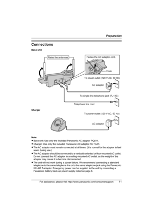 Page 11Preparation
For assistance, please visit http://www.panasonic.com/consumersupport11
Connections
Base unit
Charger
Note:
LBase unit: Use only the included Panasonic AC adaptor PQLV1.
LCharger: Use only the included Panasonic AC adaptor KX-TCA1.
LThe AC adaptor must remain connected at all times. (It is normal for the adaptor to feel 
warm during use.)
LThe AC adaptor should be connected to a vertically oriented or floor-mounted AC outlet. 
Do not connect the AC adaptor to a ceiling-mounted AC outlet, as...