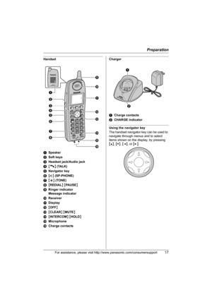 Page 17Preparation
For assistance, please visit http://www.panasonic.com/consumersupport17
Handset
ASpeaker
BSoft keys
CHeadset jack/Audio jack
D{C} (TALK)
ENavigator key
F{s} (SP-PHONE)
G{*} (TONE)
H{REDIAL} {PAUSE}
IRinger indicator
Message indicator
JReceiver
KDisplay
L{OFF}
M{CLEAR} {MUTE}
N{INTERCOM} {HOLD}
OMicrophone
PCharge contactsCharger
ACharge contacts
BCHARGE indicator
Using the navigator key
The handset navigator key can be used to 
navigate through menus and to select 
items shown on the display,...