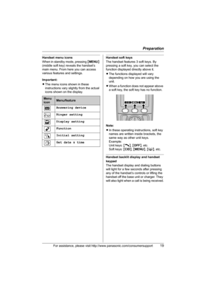 Page 19Preparation
For assistance, please visit http://www.panasonic.com/consumersupport19
Handset menu icons
When in standby mode, pressing {MENU} 
(middle soft key) reveals the handset’s 
main menu. From here you can access 
various features and settings.
Important:
LThe menu icons shown in these 
instructions vary slightly from the actual 
icons shown on the display.Handset soft keys
The handset features 3 soft keys. By 
pressing a soft key, you can select the 
function displayed directly above it.
LThe...