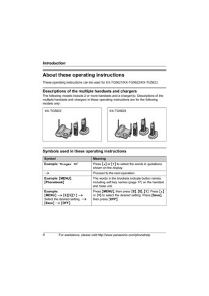 Page 4Introduction
4For assistance, please visit http://www.panasonic.com/phonehelp
About these operating instructions
These operating instructions can be used for KX-TG5621/KX-TG5622/KX-TG5623.
Descriptions of the multiple handsets and chargers
The following models include 2 or more handsets and a charger(s). Descriptions of the 
multiple handsets and chargers in these operating instructions are for the following 
models only:
Symbols used in these operating instructions
KX-TG5622 KX-TG5623
SymbolMeaning...