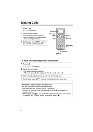 Page 1818
Making Calls
 
To have a hands-free phone conversation  1
Press [C].
•“Talk” is displayed.
2Dial a phone number.
• The dialed number is displayed.
• After a few seconds, the display will 
show the length of the call.
3To hang up, press [OFF] or place 
the handset on the base unit.
1Press [s].
•“SP-phone” is displayed.
2Dial a phone number.
• The dialed number is displayed.
• After a few seconds, the display will show the length of the call.
3When the other party answers, talk into the microphone.
4To...