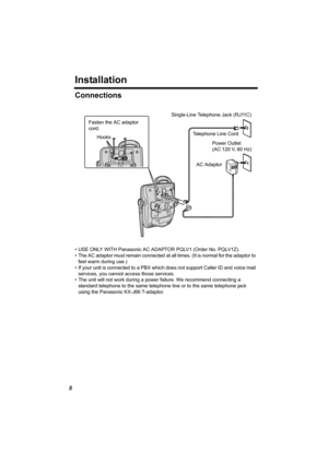 Page 88
Installation
Connections
• USE ONLY WITH Panasonic AC ADAPTOR PQLV1 (Order No. PQLV1Z).
• The AC adaptor must remain connected at all times. (It is normal for the adaptor to 
feel warm during use.)
• If your unit is connected to a PBX which does not support Caller ID and voice mail 
services, you cannot access those services. 
• The unit will not work during a power failure. We recommend connecting a 
standard telephone to the same telephone line or to the same telephone jack 
using the Panasonic...