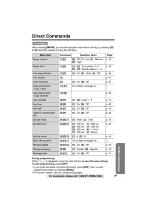 Page 49Useful Information
For assistance, please call: 1-800-211-PANA(7262)49
Direct Commands
After pressing [MENU], you can also program menu items directly by pressing ([0] 
to [9], and [#]) instead of using the soft keys.
During programming:
When “Save” is displayed, press the right soft key to save the new settings.
To exit programming, press [OFF].
• If you press the direct command incorrectly, press [OFF], then re-enter 
programming mode by pressing [MENU].
• For function details, see the corresponding...