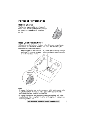 Page 33For assistance, please call: 1-800-211-PANA(7262)
For Best Performance
Battery Charge
The handset is powered by a rechargeable 
Nickel-Metal Hydride (Ni-MH) battery. Charge 
the battery for 6 hours before initial use 
(p. 10).  
Base Unit Location/Noise
Calls are transmitted between the base unit and handset using wireless 
radio waves.  For maximum distance and noise-free operation,  the 
recommended base unit location is:  
Note:
• If you use the handset near a microw ave oven which is being used,...