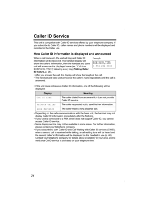 Page 2424
Caller ID Service
This unit is compatible with Caller ID services offered by your telephone company. If 
you subscribe to Caller ID, caller names and phone numbers will be displayed and 
recorded in the Caller List.
How Caller ID information is displayed and announced
When a call comes in, the unit will ring and Caller ID 
information will be received. The handset display will 
show the caller’s information, then the handset and base 
unit will announce the displayed name (ex. “Call from 
ROBINSON,...