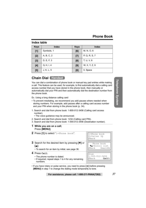 Page 37Phone Book
Telephone System
For assistance, please call: 1-800-211-PANA(7262)37 Index table  
Chain Dial 
You can dial a combination of phone book or manual key pad entries while making 
a call. This feature can be used, for example, to first automatically dial a calling card 
access number that you have stored in the phone book, then manually or 
automatically dial your PIN and then automatically dial the destination number from 
the phone book. 
Ex. Using a long distance calling card
• To prevent...