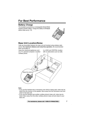 Page 33For assistance, please call: 1-800-211-PANA(7262)
For Best Performance
Battery Charge
The handset is powered by a rechargeable Nickel-Metal 
Hydride (Ni-MH) battery. Charge the battery for 6hours 
before initial use (p. 10).  
Base Unit Location/Noise
Calls are transmitted between the base unit and handset using wireless radio 
waves. For maximum distance and noise-free operation, the recommended 
base unit location is:  
Note:
• If you use the handset near a microwave oven which is being used, noise...