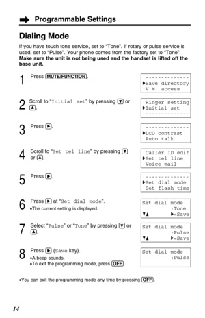 Page 1414
Dialing Mode
If you have touch tone service, set to “Tone”. If rotary or pulse service is
used, set to “Pulse”. Your phone comes from the factory set to “Tone”.
Make sure the unit is not being used and the handset is lifted off the
base unit.
1
Press (MUTE/FUNCTION).
2
Scroll to “Initial set” by pressing Öor
Ñ.
3
Press á.
4
Scroll to “Set tel line” by pressing Ö
or Ñ.
5
Press á.
6
Press áat “Set dial mode”.
•The current setting is displayed.
7
Select “Pulse” or “Tone” by pressing Öor
Ñ.
8
Press...