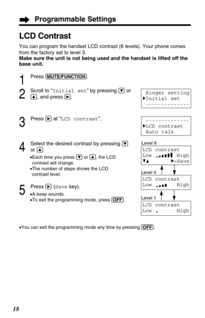 Page 1818
LCD Contrast
You can program the handset LCD contrast (6 levels). Your phone comes
from the factory set to level 3.
Make sure the unit is not being used and the handset is lifted off the
base unit.
1
Press (MUTE/FUNCTION).
2
Scroll to “Initial set” by pressing Öor
Ñ, and press á.
3
Press áat “LCD contrast”.
4
Select the desired contrast by pressing Ö
or Ñ.
•Each time you press Öor Ñ, the LCD
contrast will change. 
•The number of steps shows the LCD
contrast level.
5
Press á(Savekey).
•A beep sounds....