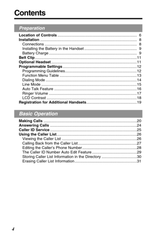 Page 4Contents
4
Preparation
Location of Controls.......................................................................... 6
Installation.......................................................................................... 8
Connections ...................................................................................... 8
Installing the Battery in the Handset ................................................. 9
Battery Charge...