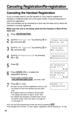 Page 5454
Canceling Registration/Re-registration
Canceling the Handset Registration
If you no longer need to use the handset or if you need to register the
handset to a different base unit of the same model, it may be necessary to
cancel the registration.
Only one handset can be canceled at a time near the base unit to which the
handset is currently registered.
Make sure the unit is not being used and the handset is lifted off the
base unit.
1
Press (MUTE/FUNCTION).
2
Scroll to “Initial set” by pressing Öor
Ñ,...