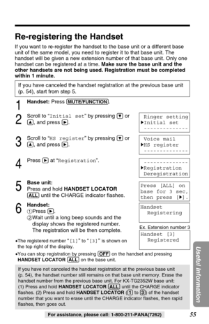 Page 5555
Useful Information
For assistance, please call: 1-800-211-PANA(7262)
Re-registering the Handset
If you want to re-register the handset to the base unit or a different base
unit of the same model, you need to register it to that base unit. The
handset will be given a new extension number of that base unit. Only one
handset can be registered at a time. Make sure the base unit and the
other handsets are not being used. Registration must be completed
within 1 minute.
1
Handset:Press (MUTE/FUNCTION). 
2...