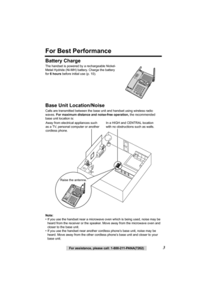 Page 33For assistance, please call: 1-800-211-PANA(7262)
For Best Performance
Battery Charge
The handset is powered by a rechargeable Nickel-
Metal Hydride (Ni-MH) battery. Charge the battery 
for 6hours before initial use (p. 10). 
Base Unit Location/Noise
Calls are transmitted between the base unit and handset using wireless radio 
waves. For maximum distance and noise-free operation, the recommended 
base unit location is: 
Note:
• If you use the handset near a microwave oven which is being used, noise may...