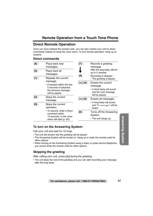 Page 61Remote Operation from a Touch Tone Phone
Answering System
For assistance, please call: 1-800-211-PANA(7262)61
Direct Remote Operation
Once you have entered the remote code, you can also control your unit by direct 
commands instead of using the voice menu. To end remote operation, hang up at 
anytime.
Direct commands
To turn on the Answering System:
Call your unit and wait for 15 rings.
• The unit will answer and the greeting will be played.
• The Answering System will be turned on. Hang up or enter the...