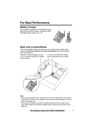 Page 33For assistance, please call: 1-800-211-PANA(7262)
For Best Performance
Battery Charge
The handset is powered by a rechargeable Nickel-
Metal Hydride (Ni-MH) battery. Charge the battery 
for 6hours before initial use (p. 10).  
Base Unit Location/Noise
Calls are transmitted between the base unit and handset using wireless radio 
waves. For maximum distance and noise-free operation, the recommended 
base unit location is:  
Note:
• If you use the handset near a microwave oven which is being used, noise...