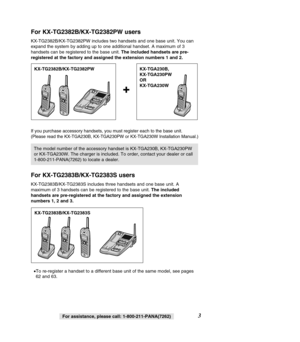 Page 33For assistance, please call: 1-800-211-PANA(7262)For assistance, please call: 1-800-211-PANA(7262)
For KX-TG2382B/KX-TG2382PW users
KX-TG2382B/KX-TG2382PW includes two handsets and one base unit. You can 
expand the system by adding up to one additional handset. A maximum of 3\
handsets can be registered to the base unit. The included handsets are pre-
registered at the factory and assigned the extension numbers 1 and 2. 
If you purchase accessory handsets, you must register each to the base u\
nit....