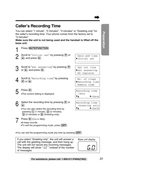 Page 2323
Preparation
For assistance, please call: 1-800-211-PANA(7262)
If you select “Greeting only”, the unit will answer a 
call with the greeting message, and then hang up.
The unit will not record any incoming messages. 
The display will show “ ” instead of the number
of messages.
Caller’s Recording Time 
You can select “1 minute”, “2 minutes”, “3 minutes” or\
 “Greeting only” for 
the caller’s recording time. Your phone comes from the factory set to\
 
“3 minutes”. 
Make sure the unit is not being used...