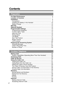 Page 4Contents
4
Preparation
For Best Performance........................................................................\
 6
Location of Controls ........................................................................\
.. 7
Installation ........................................................................\
.................. 9
Connections ........................................................................\
.............. 9 
Installing the Battery in the Handset...