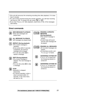 Page 5353
Answering System
For assistance, please call: 1-800-211-PANA(7262)For assistance, please call: 1-800-211-PANA(7262)
•
The unit will announce the remaining recording time after playback, if i\
t is less 
than 5 minutes.
• If a call is being received during the remote operation, you will hear i\
ncoming
call tones (p. 48). To answer the call, press  or  .
• If you hear “ Memory full” after playback, erase some, or all, of the messages
(see below).
Direct commands
NEW MESSAGE PLAYBACK 
• Only new...