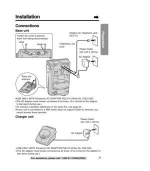 Page 99
Preparation
For assistance, please call: 1-800-211-PANA(7262)
Installation
Connections
Base unit 
Charger unit
•USE ONLY WITH Panasonic AC ADAPTOR PQLV10 (Order No. PQLV10Z).
• The AC adaptor must remain connected at all times. (It is normal for th\
e adaptor 
to feel warm during use.)
• To connect a standard telephone on the same line, see page 60.
• If your unit is connected to a PBX which does not support Caller ID serv\
ices, you
cannot access those services.
Raise the 
antenna.
Fasten the cords to...