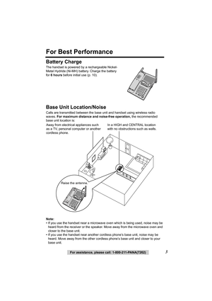 Page 33For assistance, please call: 1-800-211-PANA(7262)
For Best Performance
Battery Charge
The handset is powered by a rechargeable Nickel-
Metal Hydride (Ni-MH) battery. Charge the battery 
for 6hours before initial use (p. 10). 
Base Unit Location/Noise
Calls are transmitted between the base unit and handset using wireless radio 
waves. For maximum distance and noise-free operation, the recommended 
base unit location is: 
Note:
• If you use the handset near a microwave oven which is being used, noise may...