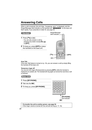 Page 3434
Answering Calls
When a call is received, the unit rings, “Incoming call” is displayed, and the 
Ringer/Message Alert indicator on the handset and “ ” on the base unit 
flash rapidly. If you subscribe to Caller ID, see page 35.
Auto Talk
If the Auto Talk feature is turned on (p. 16), you can answer a call by simply lifting 
the handset off the base unit.
Temporary ringer off
You can turn the ringer off temporarily by pressing [OFF], while the handset is 
ringing for an outside call. The handset will...