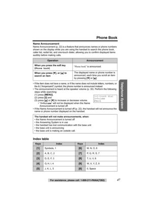 Page 47Phone Book
Telephone System
For assistance, please call: 1-800-211-PANA(7262)47
Name Announcement
Name Announcement (p. 22) is a feature that announces names or phone numbers 
shown on the display while you are using the handset to search the phone book, 
caller list, redial list, and one-touch dialer, allowing you to confirm displayed items 
audibly before making calls.
• If the item does not have a name, or if the name does not include letters, numbers, or 
the & (“Ampersand”) symbol, the phone number...