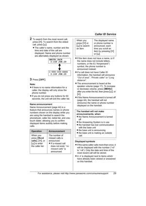 Page 29Caller ID Service
For assistance, please visit http://www.panasonic.com/consumersupport29
2To search from the most recent call, 
press {V}. To search from the oldest 
call, press {^}.
LThe caller’s name, number and the 
time and date of the call are 
displayed. Name and phone number 
are alternately displayed as shown.
3Press {OFF}.
Note:
LIf there is no name information for a 
caller, the display will only show the 
phone number.
LIf you do not press any buttons for 60 
seconds, the unit will exit the...