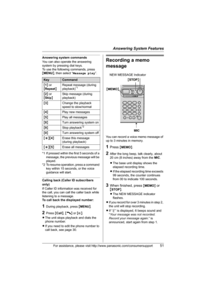 Page 51Answering System Features
For assistance, please visit http://www.panasonic.com/consumersupport51
Answering system commands
You can also operate the answering 
system by pressing dial keys.
To use the following commands, press 
{MENU}, then select “Message play”.
*1 If pressed within the first 5 seconds of a 
message, the previous message will be 
played.
*2 To resume operation, press a command 
key within 15 seconds, or the voice 
guidance will start.
Calling back (Caller ID subscribers 
only)
If Caller...