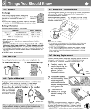 Page 6Up to 11 days
Plugging an optional headset into the handset allows a hands-free phone
conversation. Please use only the Panasonic KX-TCA88 headset. 
To order, call the accessories telephone number in section 1-A.
Connecting the optional headset to the handset
Open the headset jack
cover, and connect the
optional headset to the
headset jack as shown.
Things You Should Know 6
6-D Base Unit Location/Noise
6-E Battery Replacement
Recharge
When the RECHARGE indicator flashes or the
unit beeps intermittently,...