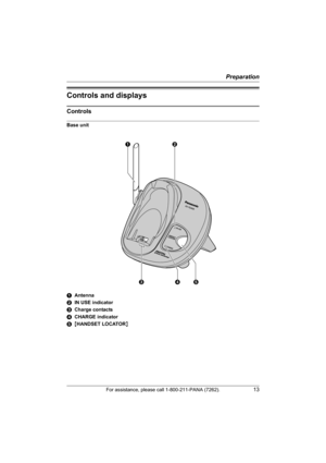 Page 13Preparation
For assistance, please call 1-800-211-PANA (7262).13
Controls and displays
Controls
Base unit
AAntenna
BIN USE indicator
CCharge contacts
DCHARGE indicator
E{HANDSET LOCATOR}
AB
CDE
TG2420(e).book  Page 13  Monday, January 24, 2005  4:42 PM 