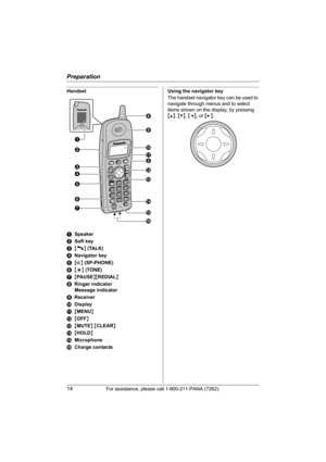 Page 14Preparation
14For assistance, please call 1-800-211-PANA (7262).
Handset
ASpeaker
BSoft key
C{C} (TALK)
DNavigator key
E{s} (SP-PHONE)
F{*} (TONE)
G{PAUSE}{REDIAL}
HRinger indicator
Message indicator
IReceiver
JDisplay
K{MENU}
L{OFF}
M{MUTE} {CLEAR}
N{HOLD}
OMicrophone
PCharge contactsUsing the navigator key
The handset navigator key can be used to 
navigate through menus and to select 
items shown on the display, by pressing 
{^}, {V}, {}.
A
B
C
D
E
F
GH
I
J
K
B
L
M
N
O
P
TG2420(e).book  Page 14...