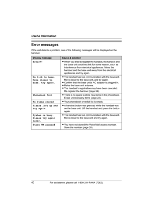 Page 40Useful Information
40For assistance, please call 1-800-211-PANA (7262).
Error messages
If the unit detects a problem, one of the following messages will be displayed on the 
handset.
Display messageCause & solution
Error!!LWhen you tried to register the handset, the handset and 
the base unit could not link for some reason, such as 
interference from electrical appliances. Move the 
handset and the base unit away from the electrical 
appliances and try again.
No link to base. 
Move closer to 
base, try...