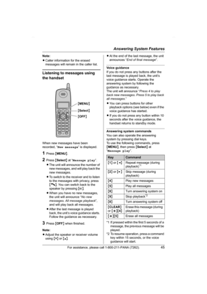 Page 45Answering System Features
For assistance, please call 1-800-211-PANA (7262).45
Note:
LCaller information for the erased 
messages will remain in the caller list.
Listening to messages using 
the handset
When new messages have been 
recorded, “New message” is displayed.
1Press {MENU}.
2Press {Select} at “Message play”.
LThe unit will announce the number of 
new messages, and will play back the 
new messages.
LTo switch to the receiver and to listen 
to the messages with privacy, press 
{C}. You can switch...