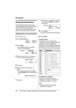 Page 26Phonebook
26For assistance, please visit http://www.panasonic.com/consumersupport
Using the phonebook
The handset phonebook allows you to 
make calls without having to dial manually. 
You can add 50 names and phone 
numbers to the handset phonebook and 
search for phonebook entries by name.
Adding items to the phonebook
1Press {V} or {^}.
2Press {Phonebook}.
3Press {Add}.
LThe display shows the number of 
items in the phonebook.
4Enter the name (max. 16 characters). 
See the character table for entry....