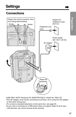 Page 11Settings
11
Preparation
Connections
•USE ONLY WITH Panasonic AC ADAPTOR PQLV1 (Order No. PQLV1Z).
•The AC adaptor must remain connected at all times. (It is normal for the adaptor
to feel warm during use.)
•To connect a standard telephone on the same line, see page 50.
•If your unit is connected to a PBX which does not support Caller ID and voice
mail services, you cannot access those services.
Hooks Hooks
AC Adaptor
Telephone Line 
Cord
Power Outlet 
(AC 120 V, 60 Hz)
Raise the
antennas.Single-Line...