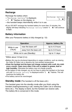 Page 1313
Preparation
Up to 3.5 hours
Up to 11 days
Recharge
Recharge the battery when:
—“Recharge battery” is displayed,
—“ ” ﬂashes on the display, or
—the handset beeps intermittently while it is in use.
•If you DO NOT recharge the handset battery for more than 15 minutes, the
display will keep indicating “Recharge battery” and/or “” will continue
to ﬂash.
Battery information
After your Panasonic battery is fully charged (p. 12):
OperationApprox. battery life
While in use
(TALK)Up to 4.5 hours
While not in...