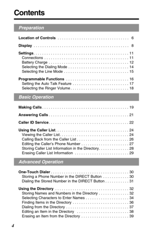 Page 4Preparation
Location of Controls. . . . . . . . . . . . . . . . . . . . . . . . . . . . . . . . .  6
Display. . . . . . . . . . . . . . . . . . . . . . . . . . . . . . . . . . . . . . . . . . . .  8
Settings. . . . . . . . . . . . . . . . . . . . . . . . . . . . . . . . . . . . . . . . . . . . 11
Connections . . . . . . . . . . . . . . . . . . . . . . . . . . . . . . . . . . . . . . . 11
Battery Charge . . . . . . . . . . . . . . . . . . . . . . . . . . . . . . . . . . . . . 12
Selecting the Dialing Mode...