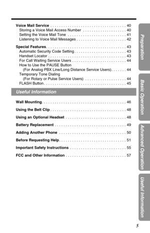 Page 55
Preparation
Basic Operation
Advanced Operation
Useful Information
Voice Mail Service. . . . . . . . . . . . . . . . . . . . . . . . . . . . . . . . . . . 40
Storing a Voice Mail Access Number . . . . . . . . . . . . . . . . . . . . 40
Setting the Voice Mail Tone . . . . . . . . . . . . . . . . . . . . . . . . . . . 41
Listening to Voice Mail Messages . . . . . . . . . . . . . . . . . . . . . . . 42
Special Features. . . . . . . . . . . . . . . . . . . . . . . . . . . . . . . . . . . . . 43
Automatic...