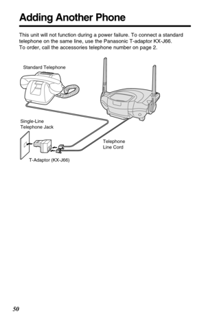 Page 5050
Adding Another Phone
This unit will not function during a power failure. To connect a standard
telephone on the same line, use the Panasonic T-adaptor KX-J66.
To order, call the accessories telephone number on page 2.
T-Adaptor (KX-J66) Single-Line 
Telephone Jack
Telephone 
Line Cord Standard Telephone 