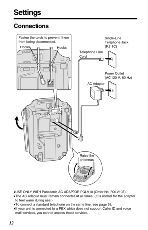 Page 12Settings
12
Connections
•USE ONLY WITH Panasonic AC ADAPTOR PQLV10 (Order No. PQLV10Z).
•The AC adaptor must remain connected at all times. (It is normal for the adaptor
to feel warm during use.)
•To connect a standard telephone on the same line, see page 58.
•If your unit is connected to a PBX which does not support Caller ID and voice
mail services, you cannot access those services.
Hooks Hooks
AC Adaptor
Telephone Line 
Cord
Power Outlet 
(AC 120 V, 60 Hz)
Raise the
antennas.Single-Line 
Telephone...