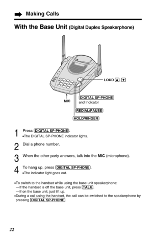 Page 2222
Making Calls
1
Press (DIGITAL!SP-PHONE).
•The DIGITAL SP-PHONE indicator lights.
2
Dial a phone number.
3
When the other party answers, talk into the MIC (microphone).
4
To hang up, press (DIGITAL!SP-PHONE).
•The indicator light goes out.
•To switch to the handset while using the base unit speakerphone:
— If the handset is off the base unit, press (TALK).
— If on the base unit, just lift up.
•During a call using the handset, the call can be switched to the speakerphone by
pressing (DIGITAL!SP-PHONE)....