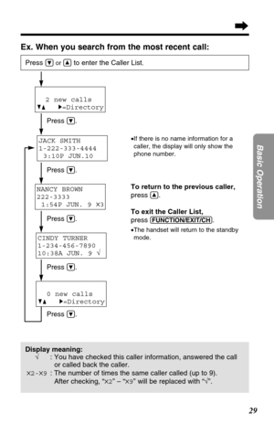 Page 2929
Basic Operation
Ex. When you search from the most recent call:
JACK SMITH
1-222-333-4444
3:10P JUN.10 
Press Öor Ñto enter the Caller List.
Press Ö.
Press 
Ö.
Press 
Ö.
Press 
Ö.
Press 
Ö.To return to the previous caller,
press 
Ñ.
To exit the Caller List,
press 
(FUNCTION/EXIT/CH).
•The handset will return to the standby
mode.
•If there is no name information for a
caller, the display will only show the
phone number.
2 new calls
GF H=Directory
NANCY BROWN
222-3333
1:54P JUN. 9 
✕3
CINDY TURNER...